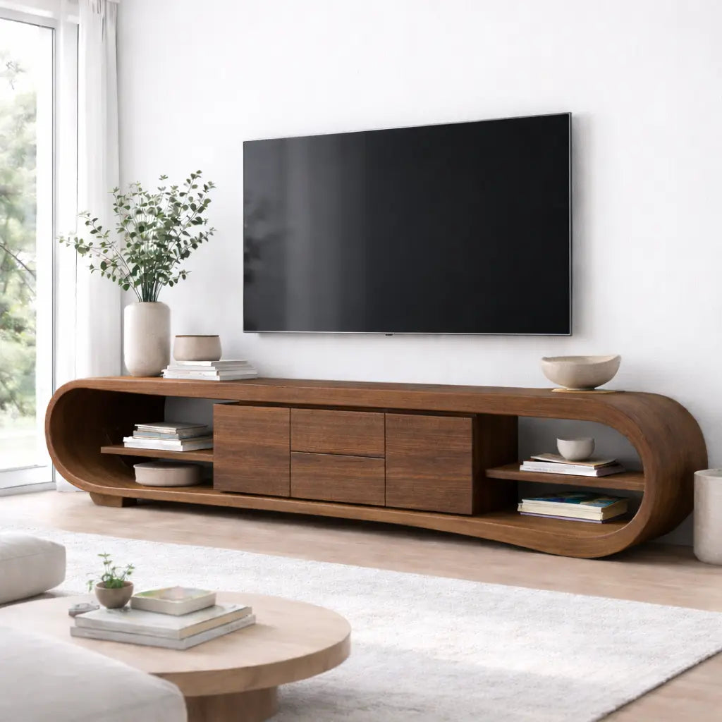 Solid Wood TV Stand with Rounded Frame Ends, Open Shelves and Center Cabinet Storage Kitchnce