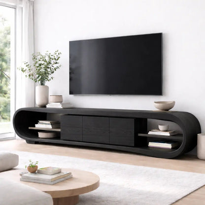 Solid Wood TV Stand with Rounded Frame Ends, Open Shelves and Center Cabinet Storage Kitchnce