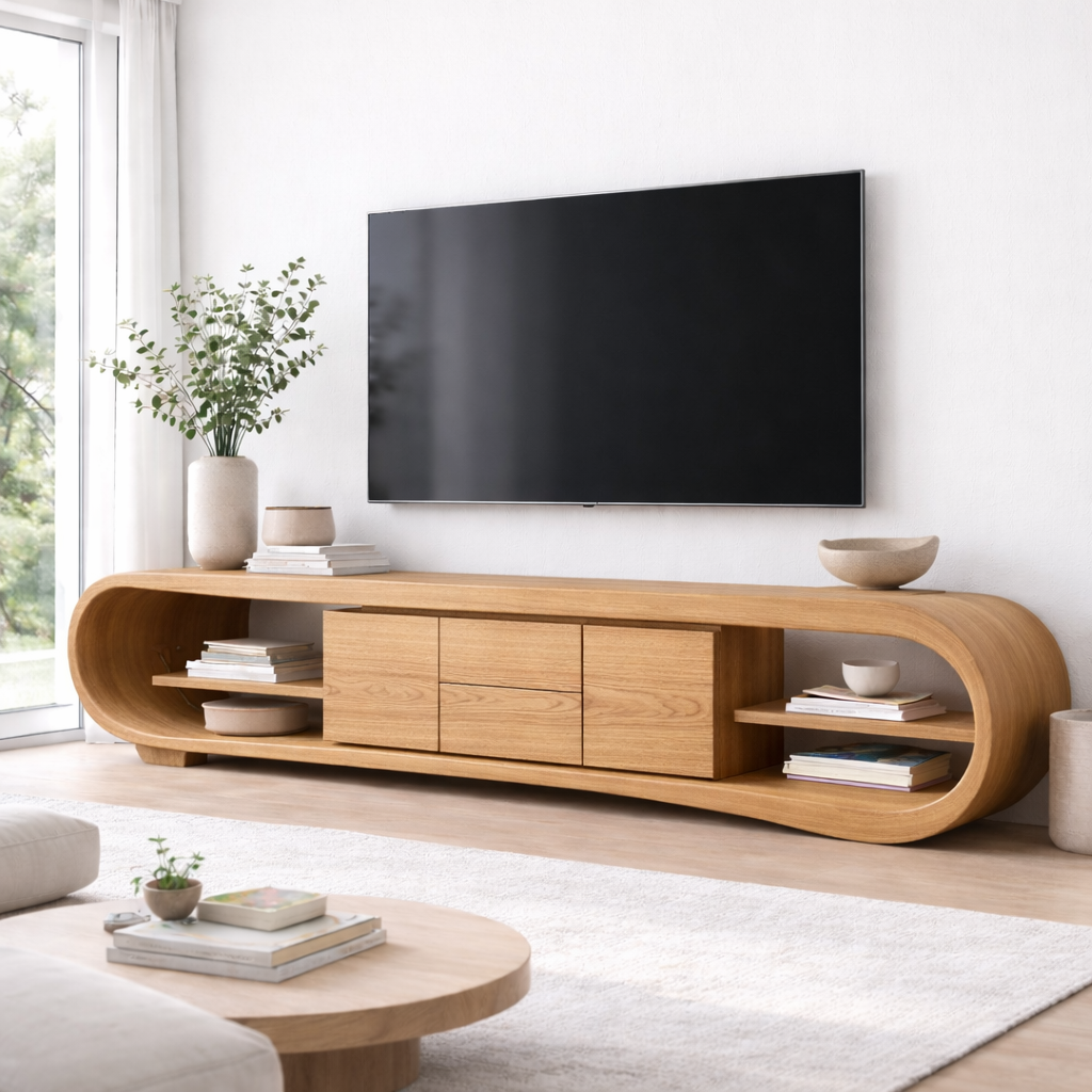 Solid Wood TV Stand with Rounded Frame Ends, Open Shelves and Center Cabinet Storage