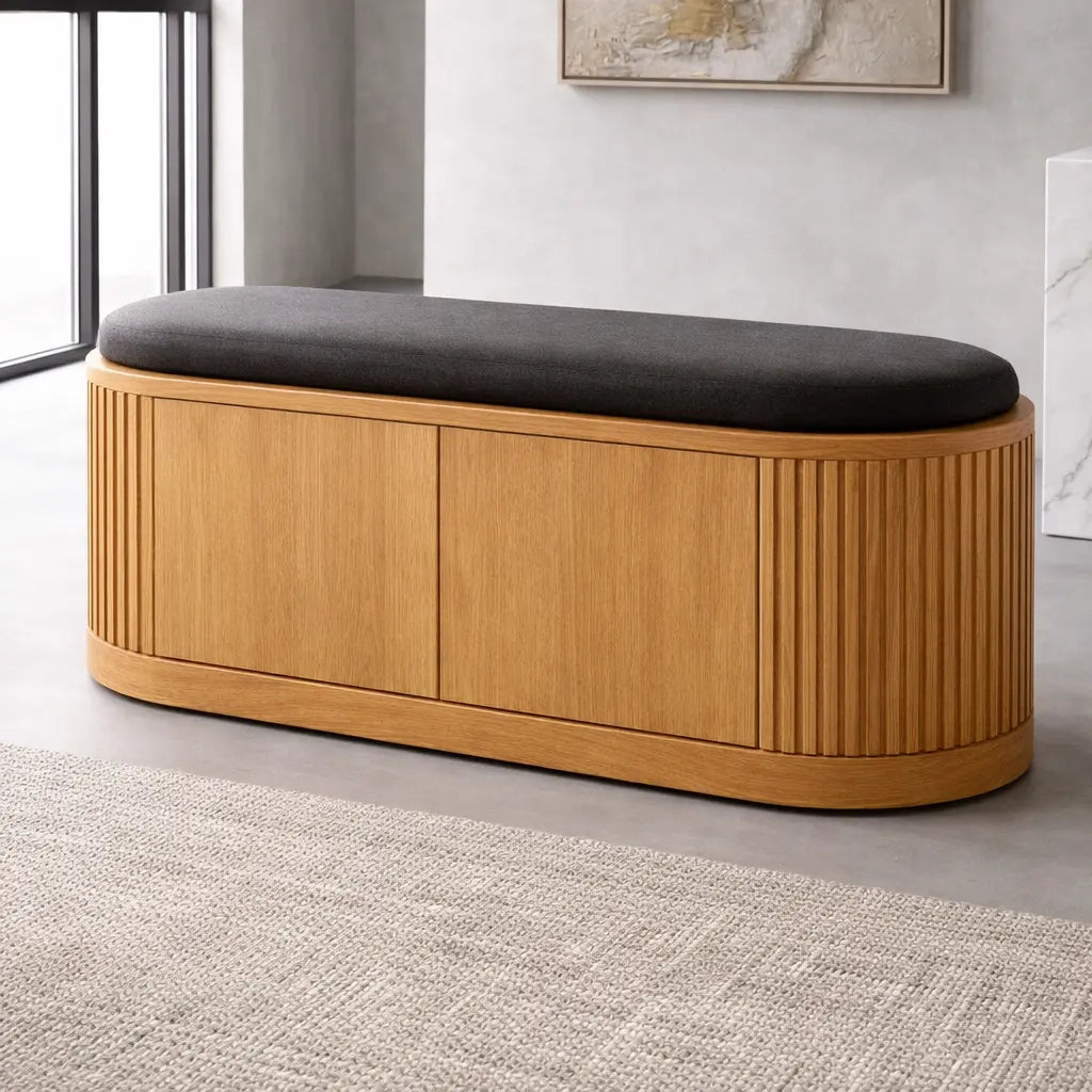 Solid Wood Shoe Storage Bench with Fluted Sides and Hidden Cabinet Entryway Bench Kitchnce