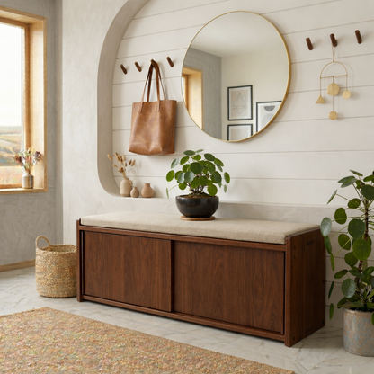 Minimalist Solid Wood Shoe Storage Bench – Sliding Door Entryway Bench Cabinet