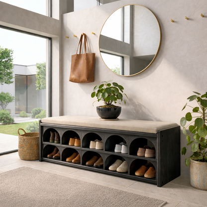 Solid Wood Shoe Storage Bench with Arched Cubby Shelves – Entryway Shoe Bench