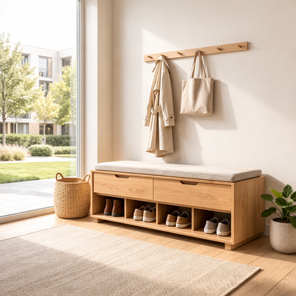 Solid Wood Shoe Storage Bench with Drawers & Open Shelves – Entryway Shoe Bench