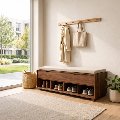 Solid Wood Shoe Storage Bench with Drawers & Open Shelves – Entryway Shoe Bench