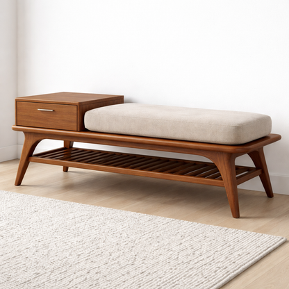 Mid-Century Solid Wood Shoe Storage Bench with Drawer and Open Shelf