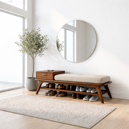 Mid-Century Solid Wood Shoe Storage Bench with Drawer and Open Shelf