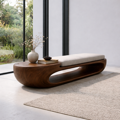 Organic Curved Solid Wood Entryway Bench with Sculptural Open Base Design