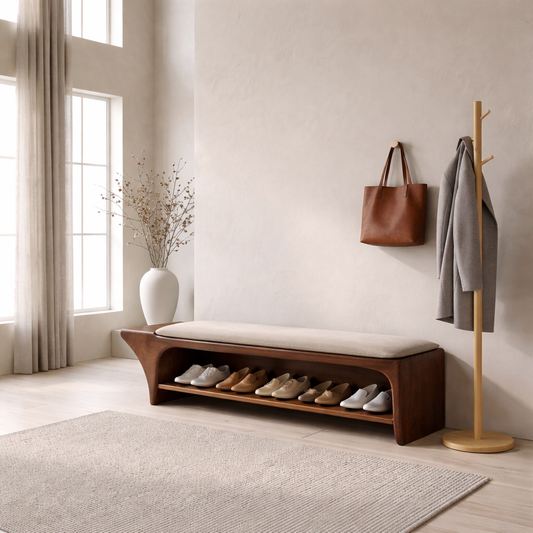 Curved Solid Wood Shoe Storage Bench with Open Shelf – Minimalist Entryway Bench