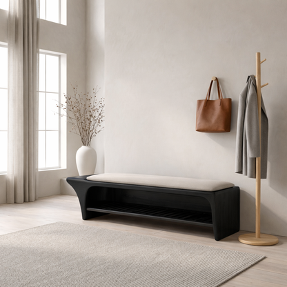 Curved Solid Wood Shoe Storage Bench with Open Shelf – Minimalist Entryway Bench