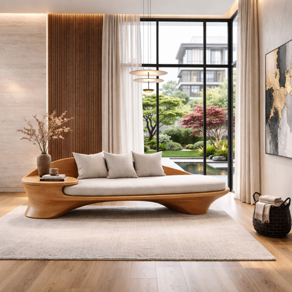 Curved Solid Wood Sofa with Integrated Side Table – Organic Modern Lounge Design