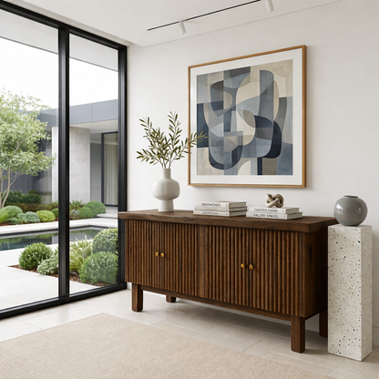 Fluted Solid Wood Console Table with Cabinet – Modern Slatted Entryway Sideboard