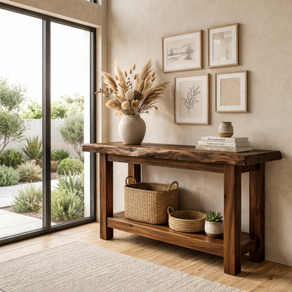 Live Edge Solid Wood Console Table with Shelf – Rustic Natural Entryway Table