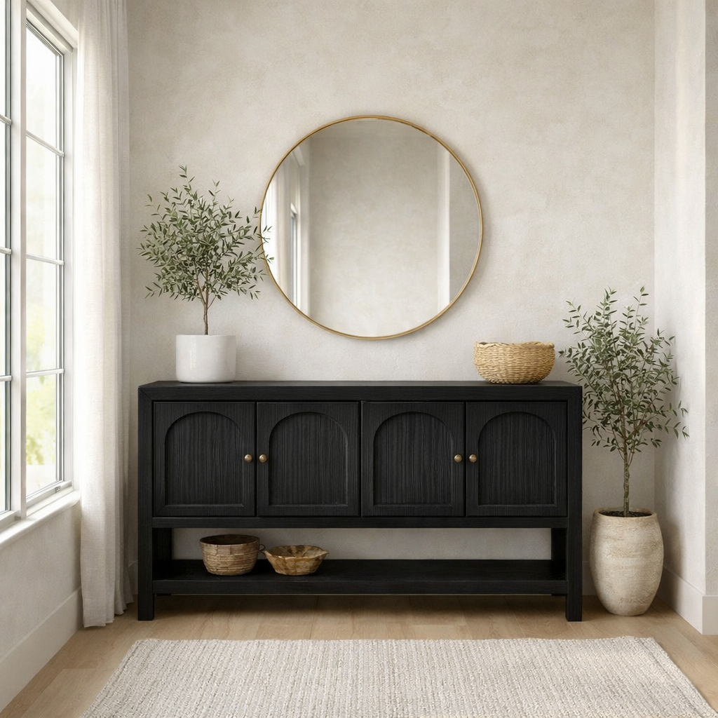 Solid Wood Console Table with Arched Doors – Rustic Storage Sideboard