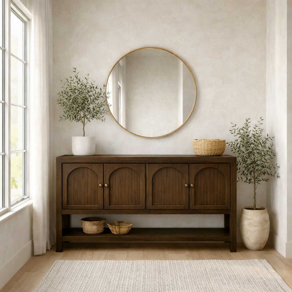 Solid Wood Console Table with Arched Doors – Rustic Storage Sideboard