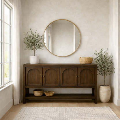 Solid Wood Console Table with Arched Doors – Rustic Storage Sideboard