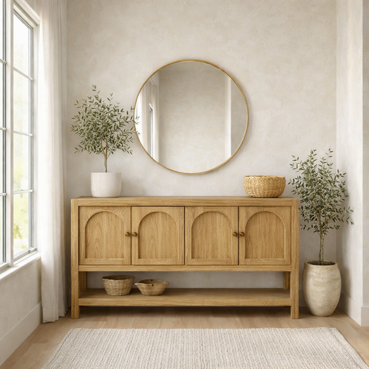 Solid Wood Console Table with Arched Doors – Rustic Storage Sideboard