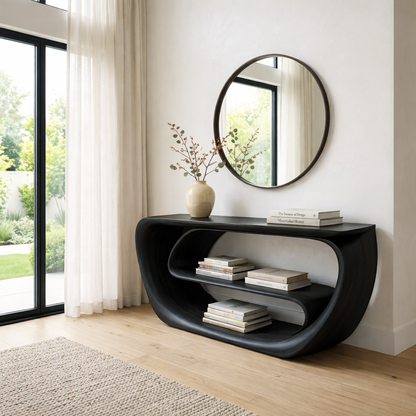 Curved Solid Wood Console Table with Open Shelves – Sculptural Modern Entryway Table