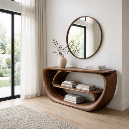 Curved Solid Wood Console Table with Open Shelves – Sculptural Modern Entryway Table