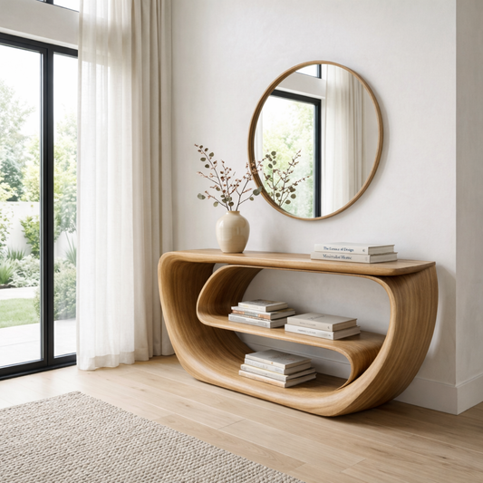 Curved Solid Wood Console Table with Open Shelves – Sculptural Modern Entryway Table