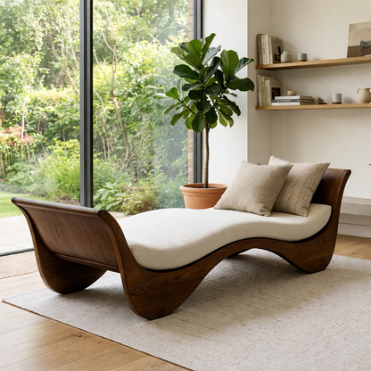 Sculptural Solid Wood Daybed with Curved Frame – Modern Lounge Chaise Daybed