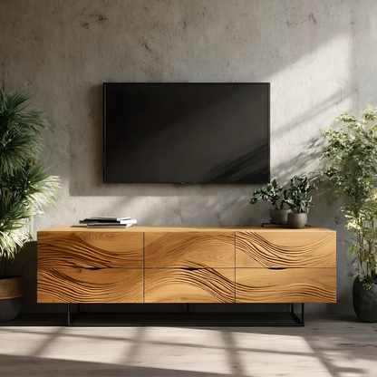 Solid Wood TV Stand Modern Walnut Media Console with Wave Design Storage