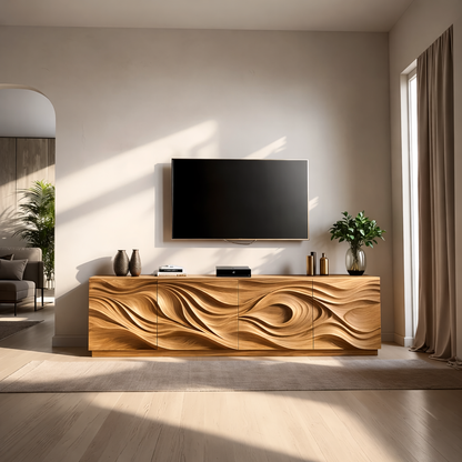 Solid Wood TV Stand Modern Media Console with Sculpted Wave Design