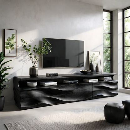 Solid Wood TV Stand Modern Walnut Media Console with Wave Front Design