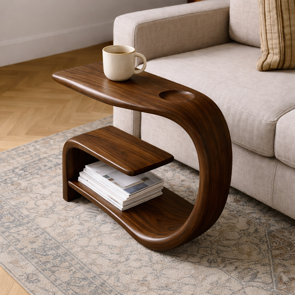 Solid Wood Sofa Armrest Table with Cup Holder and Storage Shelf Side Table