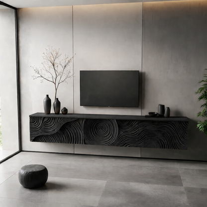 Solid Wood Floating TV Stand Modern Wall Mounted Media Console with Carved Front