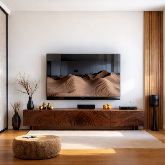 Solid Wood TV Stand Modern Walnut Media Console with Sculpted Wave Storage Cabinet