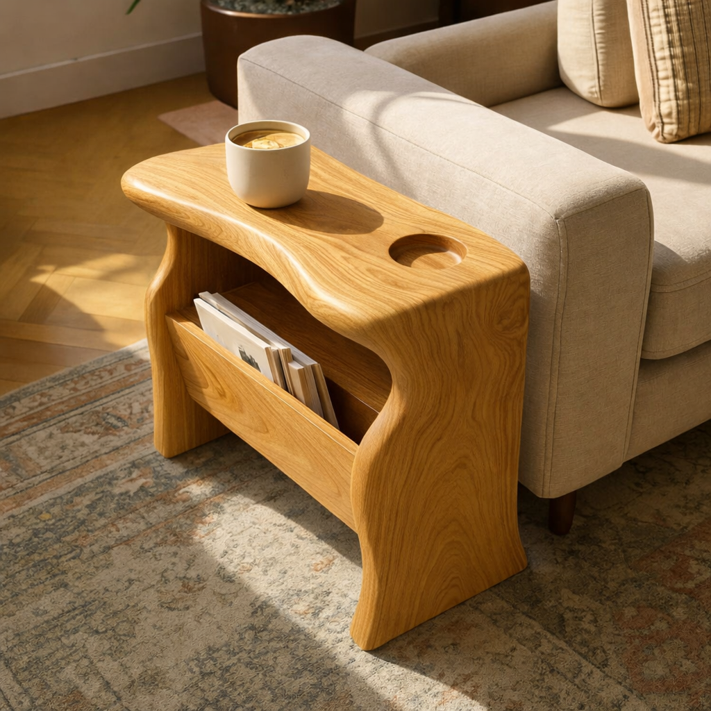 Solid Wood Sofa Armrest Table with Cup Holder and Magazine Storage Side Table