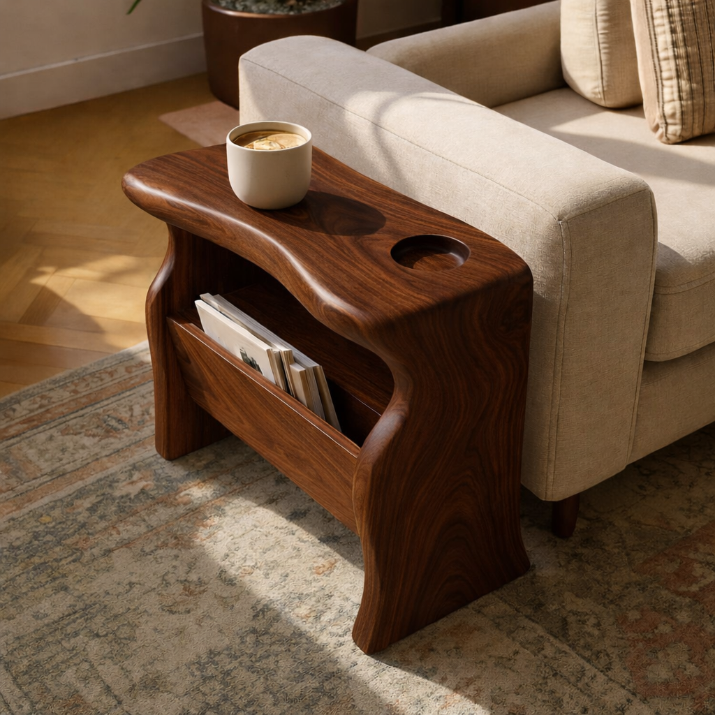 Solid Wood Sofa Armrest Table with Cup Holder and Magazine Storage Side Table