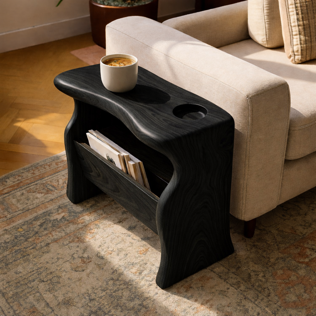 Solid Wood Sofa Armrest Table with Cup Holder and Magazine Storage Side Table
