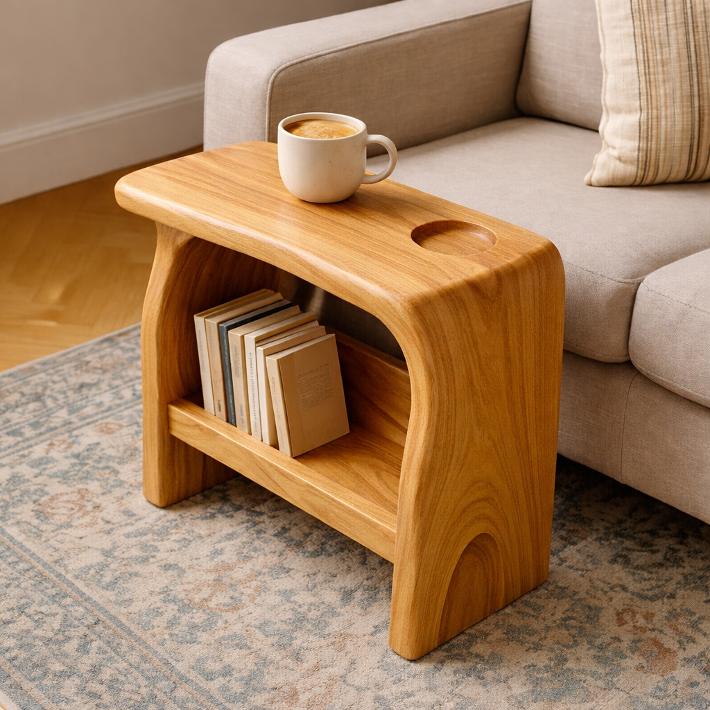 Solid Wood Sofa Armrest Table with Cup Holder and Book Storage Side Table