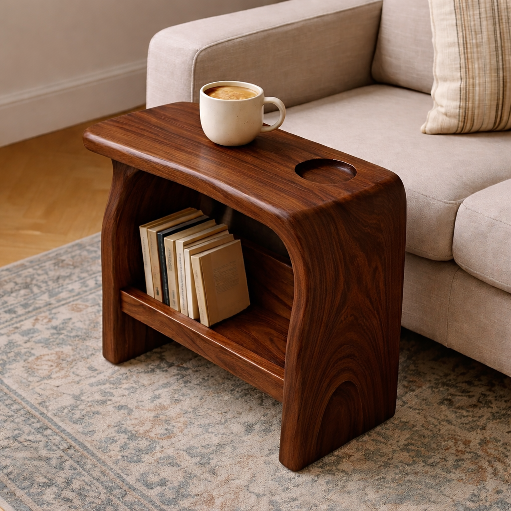 Solid Wood Sofa Armrest Table with Cup Holder and Book Storage Side Table