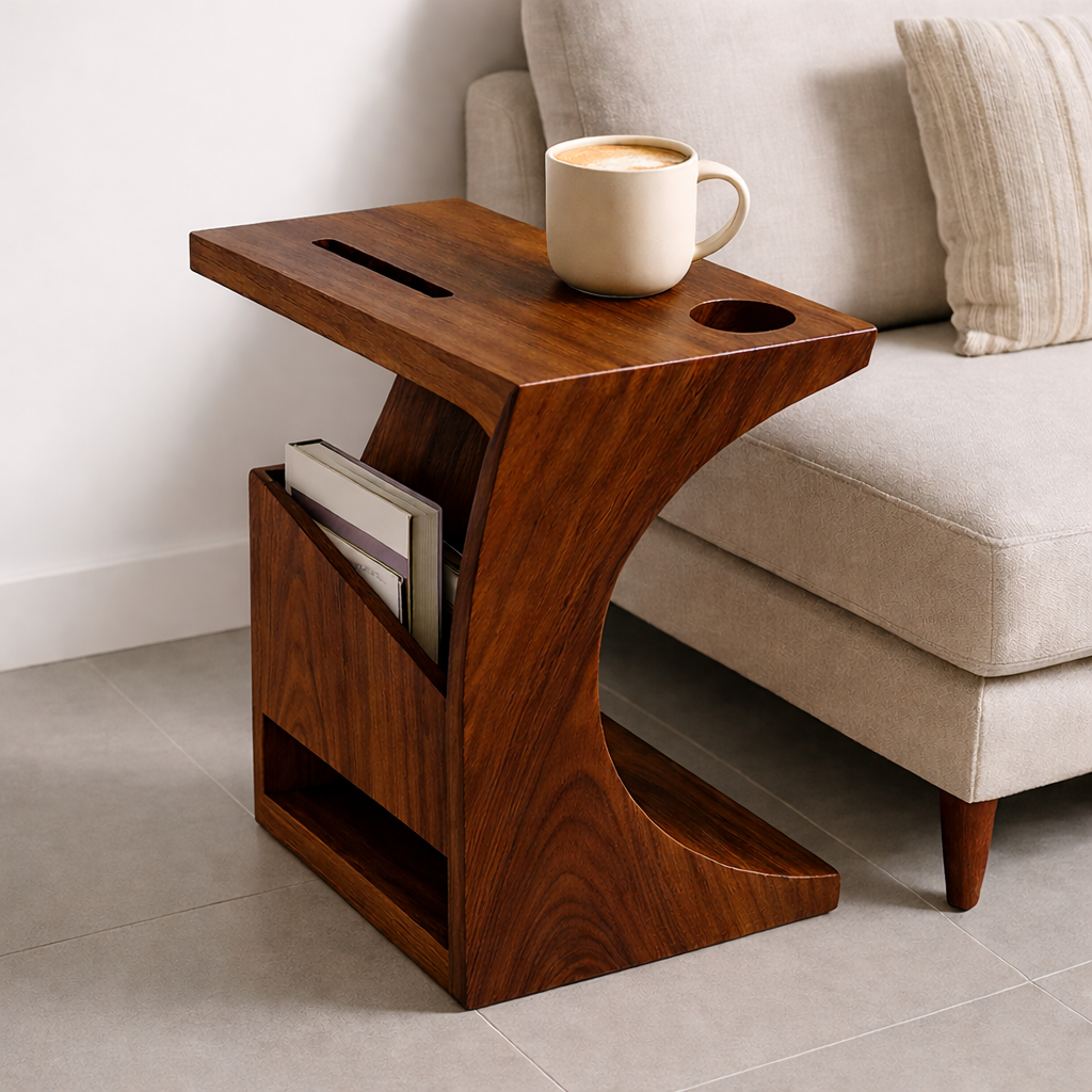 Solid Wood Sofa Armrest Table with Cup Holder and Magazine Rack Side Table