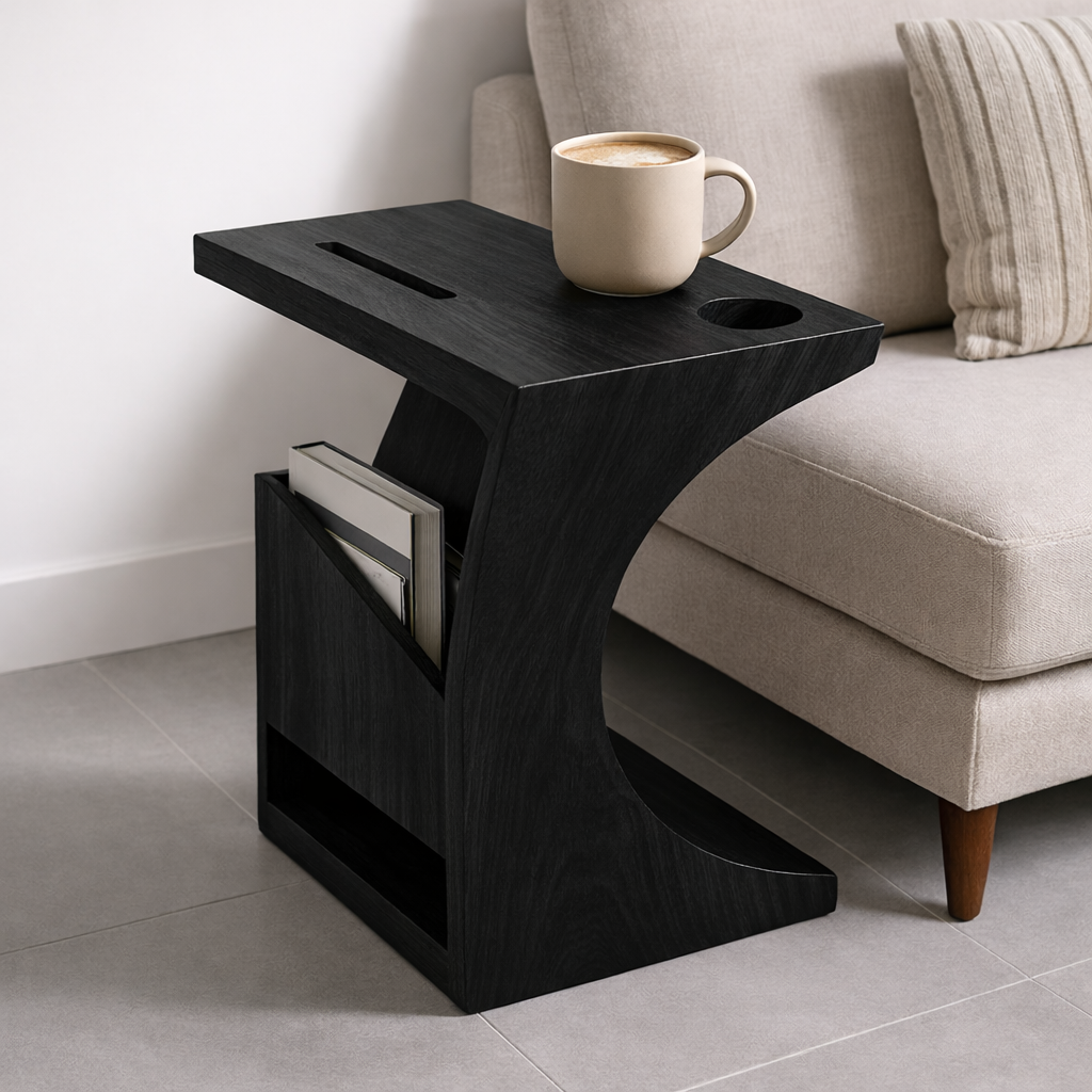 Solid Wood Sofa Armrest Table with Cup Holder and Magazine Rack Side Table