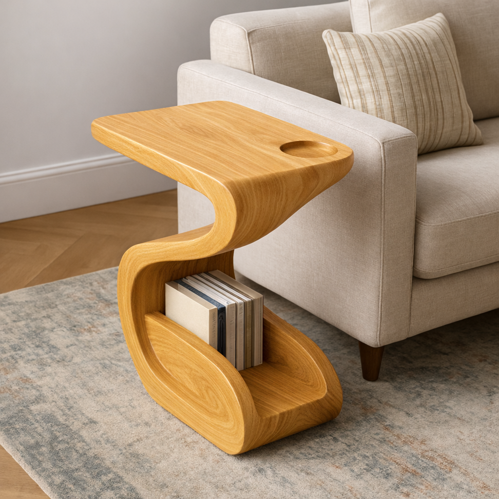 Solid Wood Sofa Armrest Table with Cup Holder and Magazine Storage Side Table