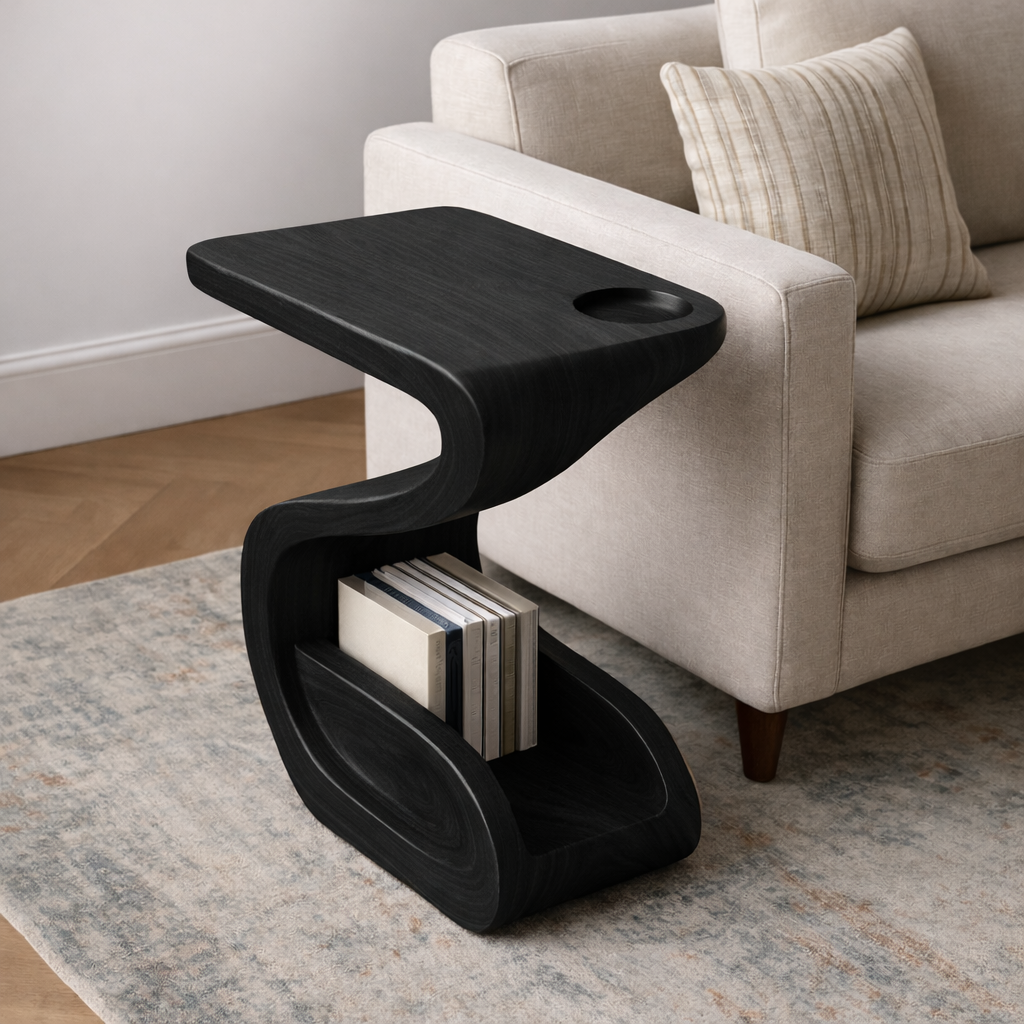 Solid Wood Sofa Armrest Table with Cup Holder and Magazine Storage Side Table