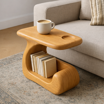 Solid Wood Sofa Armrest Table with Cup Holder and Magazine Storage Side Table