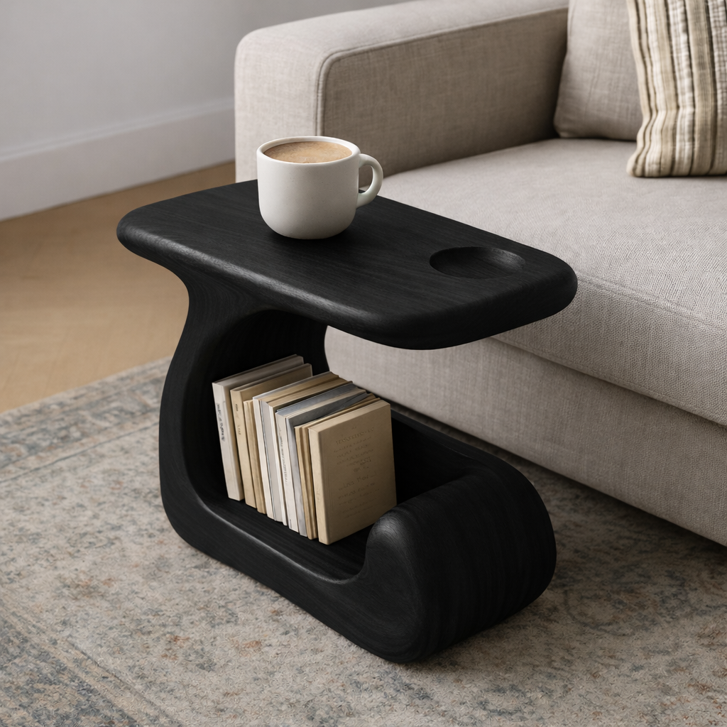 Solid Wood Sofa Armrest Table with Cup Holder and Magazine Storage Side Table