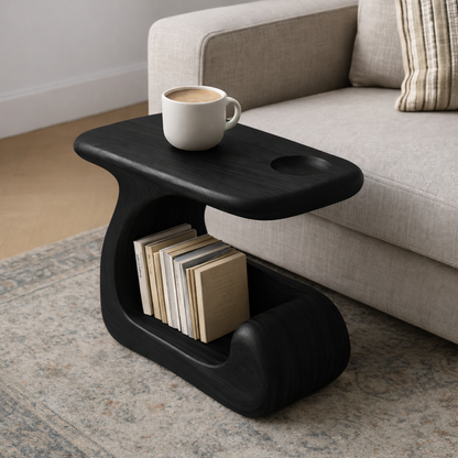 Solid Wood Sofa Armrest Table with Cup Holder and Magazine Storage Side Table