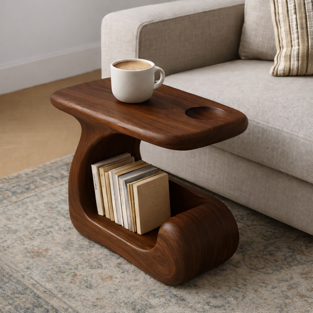 Solid Wood Sofa Armrest Table with Cup Holder and Magazine Storage Side Table