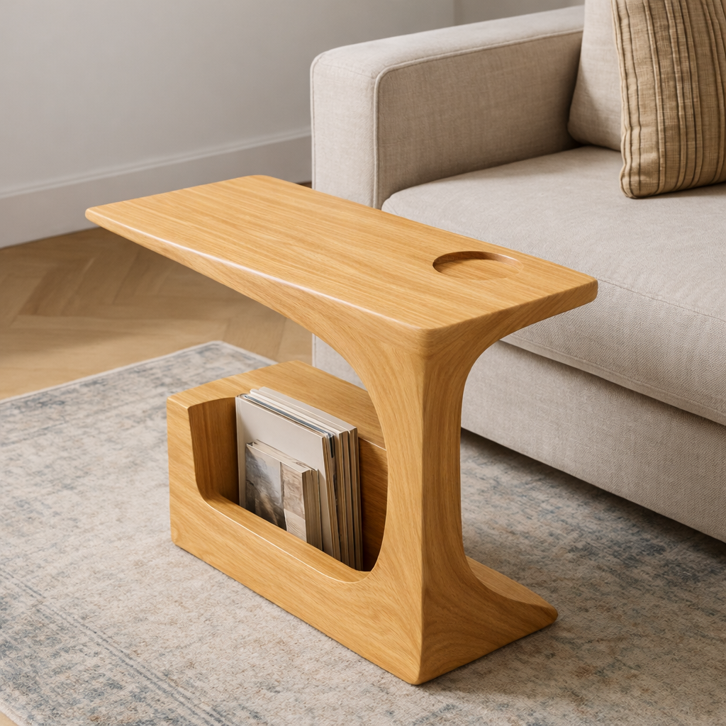 Solid Wood Sofa Armrest Table with Cup Holder and Magazine Rack Side Table