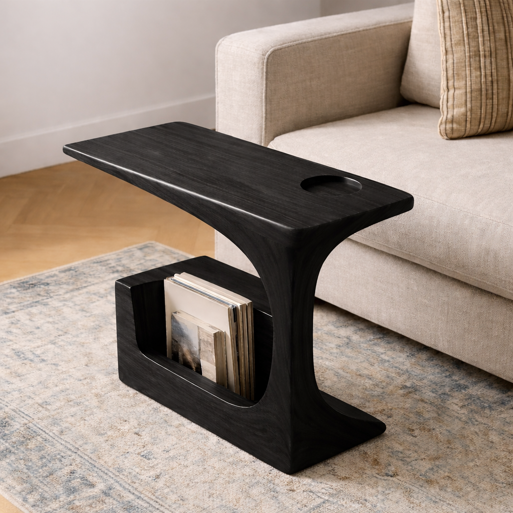 Solid Wood Sofa Armrest Table with Cup Holder and Magazine Rack Side Table