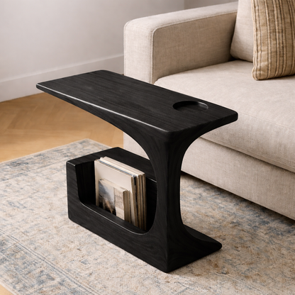 Solid Wood Sofa Armrest Table with Cup Holder and Magazine Rack Side Table