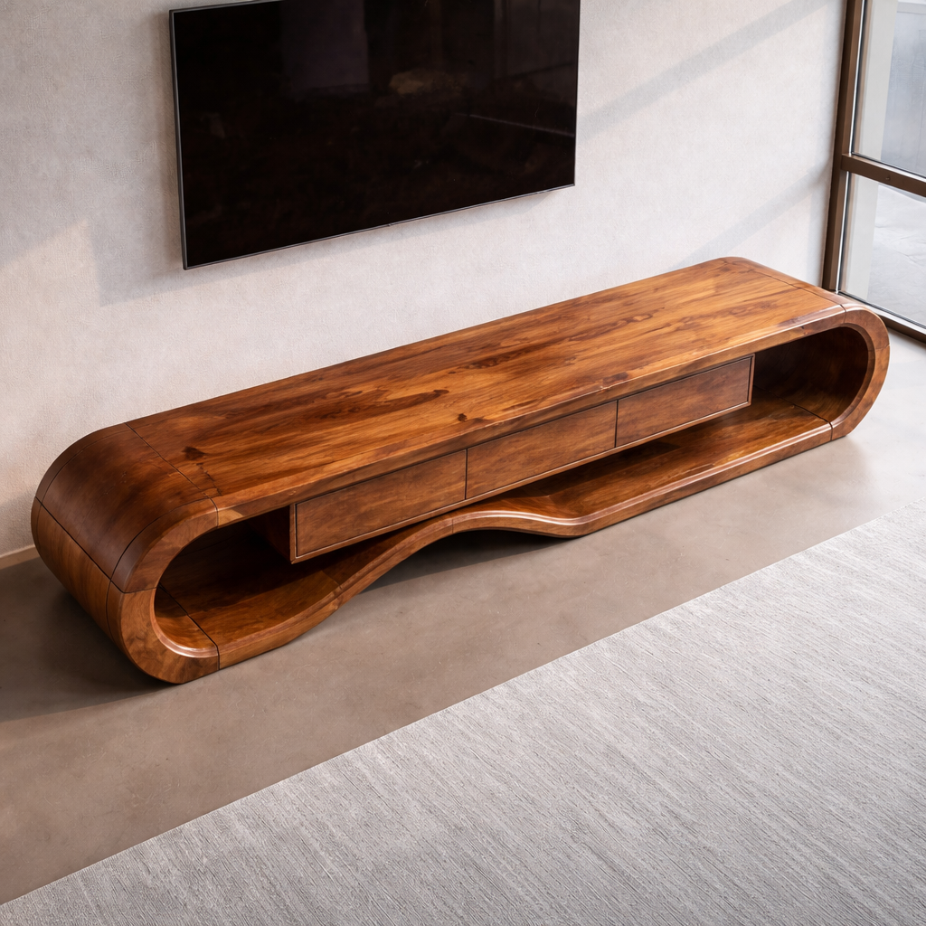 Solid Wood TV Stand with Curved Design and Ample Storage Kitchnce