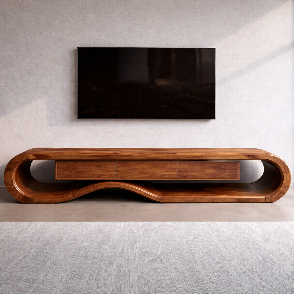 Solid Wood TV Stand with Curved Design and Ample Storage Kitchnce