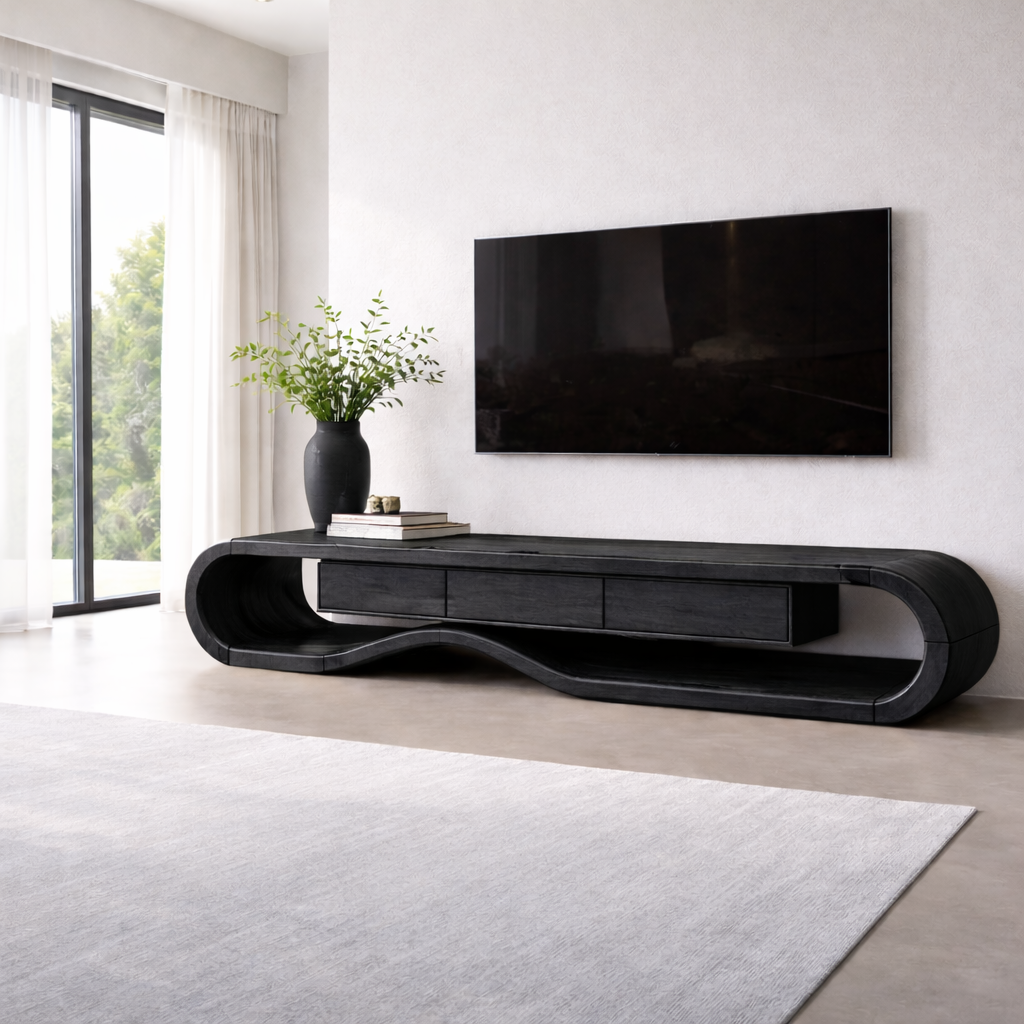 Solid Wood TV Stand with Curved Design and Ample Storage Kitchnce