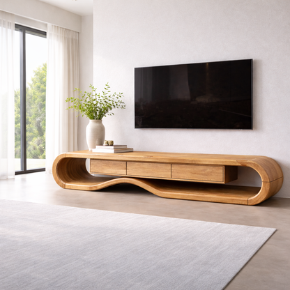 Solid Wood TV Stand with Curved Design and Ample Storage Kitchnce